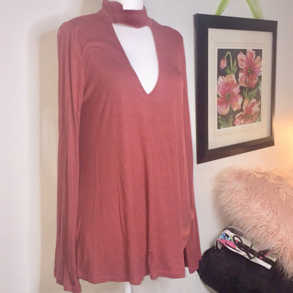 NWOT top- dress babydoll style V line choker collar long sleeve blouse - Picture 1 of 6